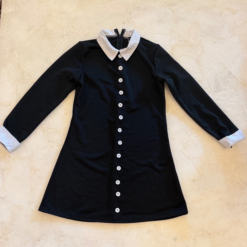 Spirit Wednesday Addams Costume Dress Black White Collar Long Sleeve Medium